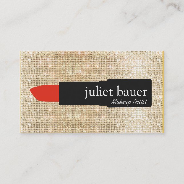 Gold Sequin Makeup Artist Lipstick Logo Beauty Business Card (Front)