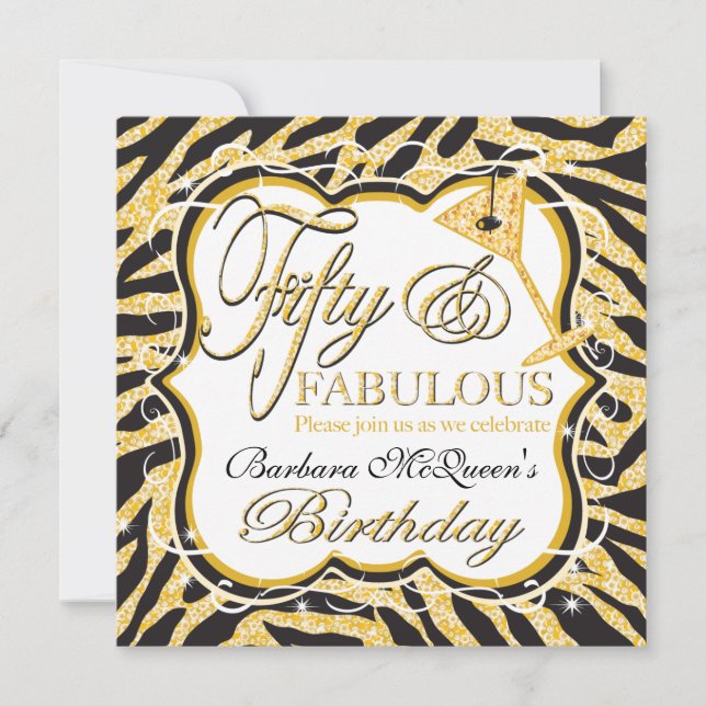 Gold Sequin Zebra 50th Birthday Party Invitations (Front)