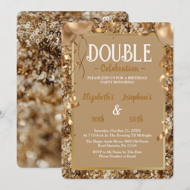 Gold Sequins Adult double Joint Birthday Party Invitation (Front/Back)