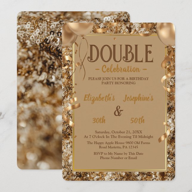 Gold Sequins Adult double Joint Birthday Party Invitation (Front/Back)