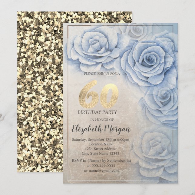 Gold Sequins Blue Roses 60th Birthday  Invitation (Front/Back)