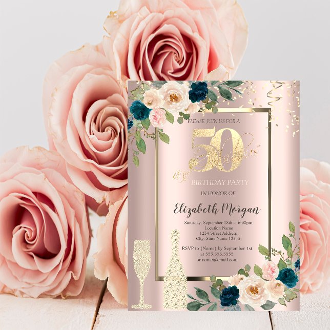 Gold Sequins,Blue Roses Champagne 50th Birthday  Invitation (Creator Uploaded)