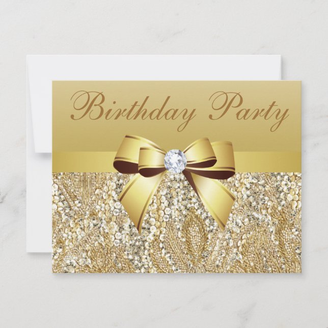 Gold Sequins, Bow & Diamond Birthday Party Invitation (Front)