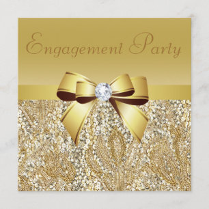 Gold Sequins, Bow & Diamond Engagement Party Invitation