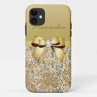 Gold Sequins, Bow & Diamond Personalised iPhone 11 Case