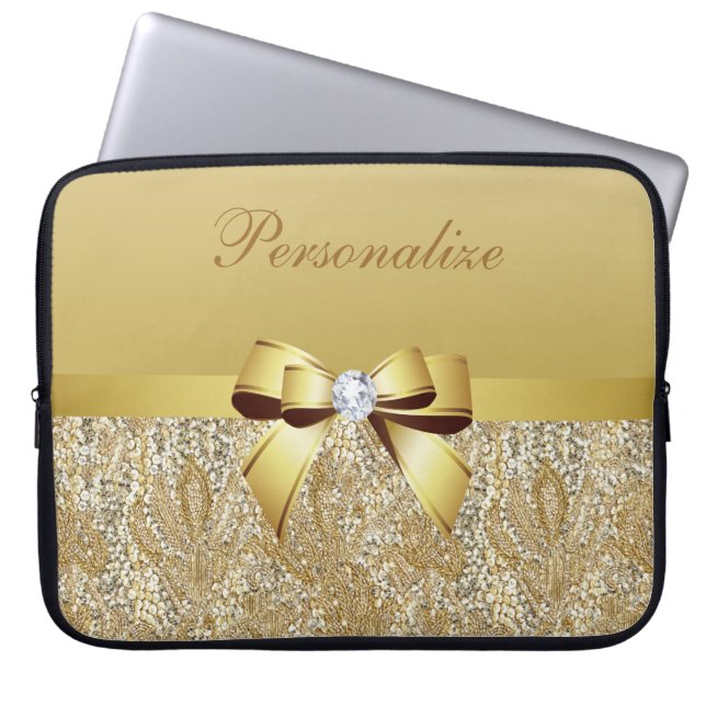 Gold Sequins, Bow & Diamond Personalised Laptop Sleeve (Front)