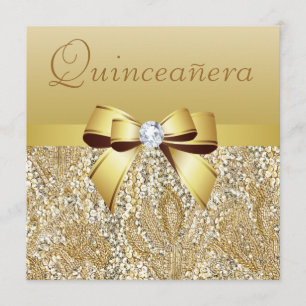 Gold Sequins, Bow & Diamond Quinceanera Invitation