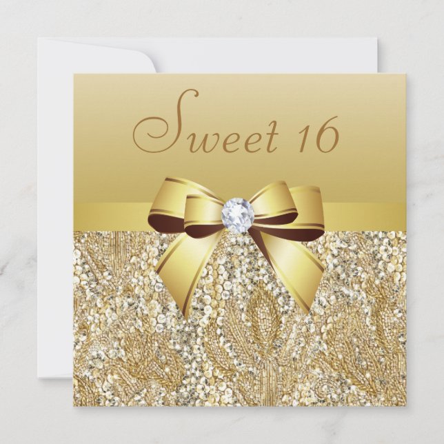 Gold Sequins, Bow & Diamond Sweet 16 Invitation (Front)