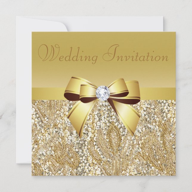 Gold Sequins, Bow & Diamond Wedding Invitation (Front)