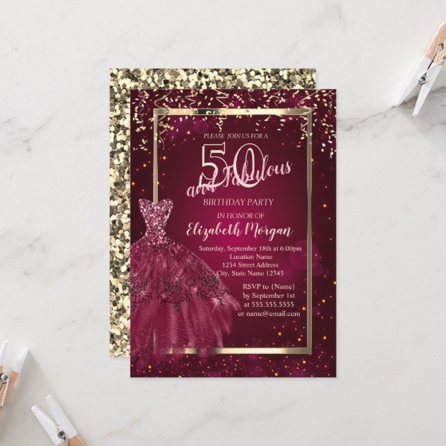 Gold Sequins Burgundy Glitter Dress 50th Birthday  Invitation (Front/Back In Situ)
