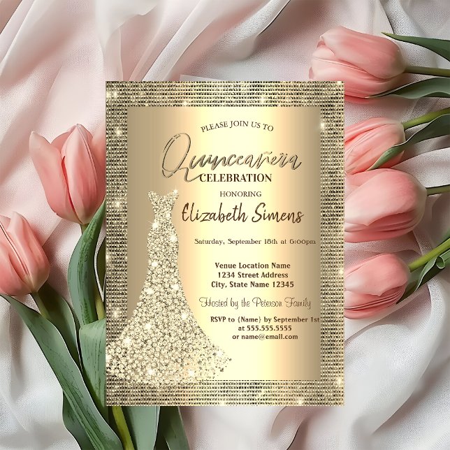 Gold Sequins,Chic Diamonds Dress Quinceañera   Invitation (Creator Uploaded)