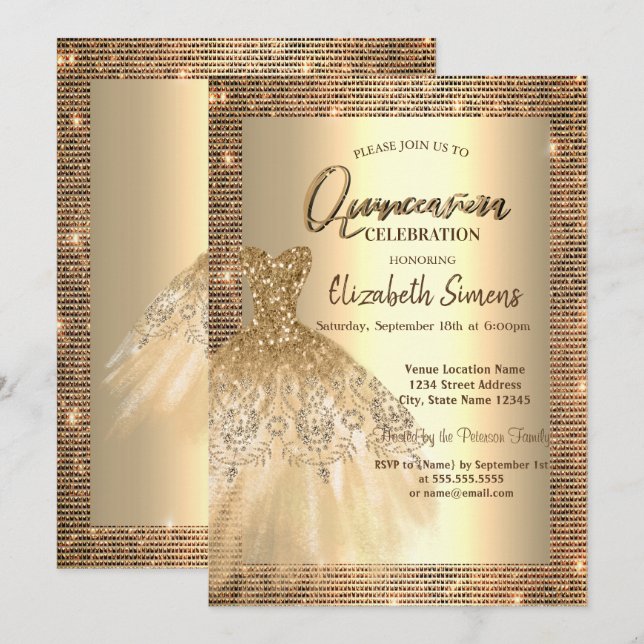 Gold Sequins,Chic Dress Quinceañera  Invitation (Front/Back)