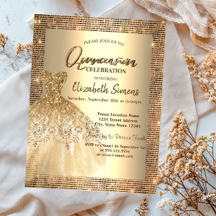 Gold Sequins,Chic Dress Quinceañera Invitation