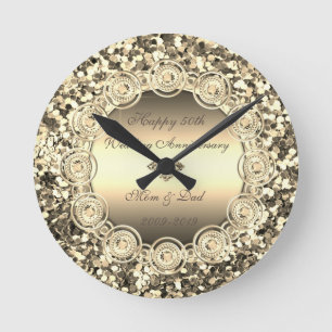 Gold Sequins Diamonds  50th Wedding Anniversary Round Clock