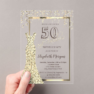 Gold Sequins Dress 50th Birthday Acrylic Invitations