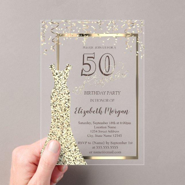 Gold Sequins Dress 50th Birthday Acrylic Invitations (Insitu (Handheld))