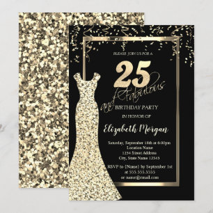 Gold Sequins Dress Black 25th Birthday  Invitation