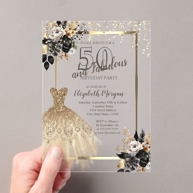 Gold Sequins Dress Black Roses 50th Birthday  Acrylic Invitations (Insitu (Handheld))