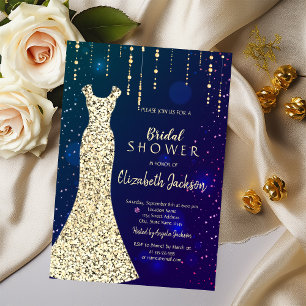 Gold Sequins Dress Blue Bridal Shower  Invitation