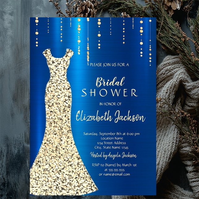 Gold Sequins Dress,Blue Metallic Bridal Shower Invitation (Creator Uploaded)