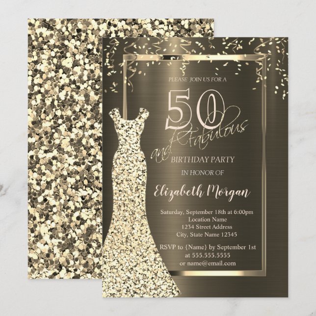 Gold Sequins Dress Brown Metallic 50th Birthday Invitation (Front/Back)