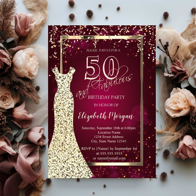 Gold Sequins Dress Burgundy 50th Birthday Invitation (Creator Uploaded)