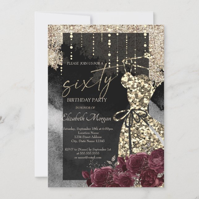 Gold Sequins Dress Burgundy Roses 60th Birthday  Invitation (Front)