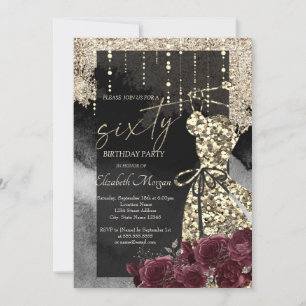 Gold Sequins Dress Burgundy Roses 60th Birthday  Invitation