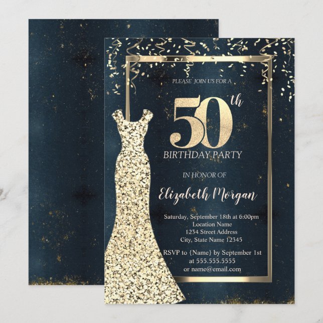 Gold Sequins Dress Frame,Dark Blue 50th Birthday  Invitation (Front/Back)