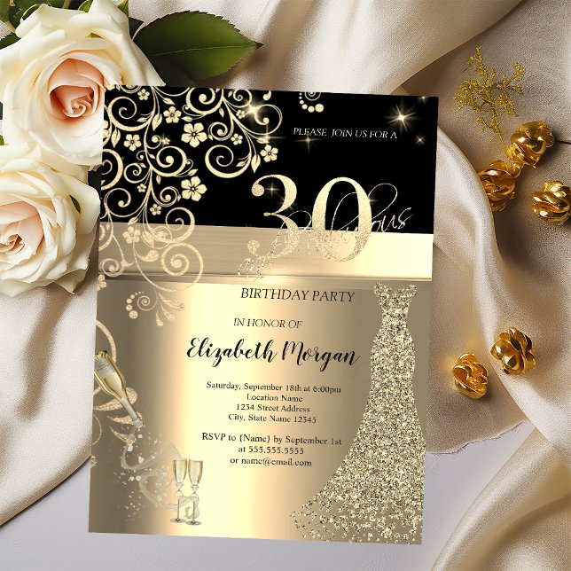 Gold Sequins Dress Glass Flowers 30th Birthday   Invitation (Creator Uploaded)