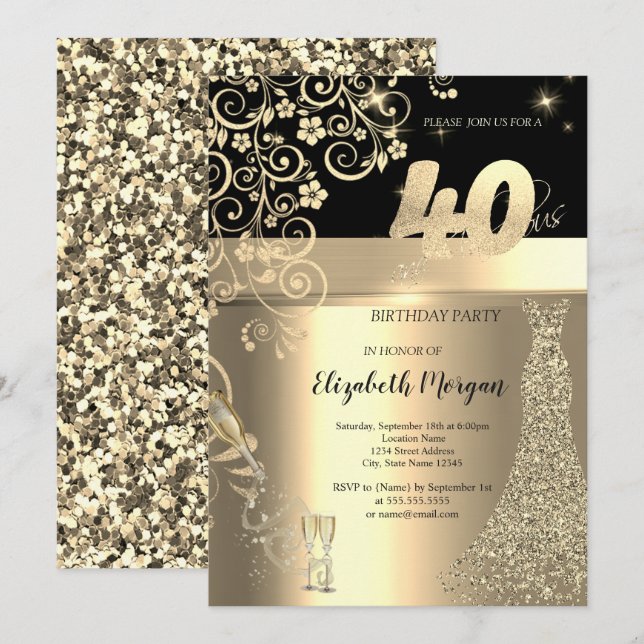 Gold Sequins Dress Glass Flowers 40th Birthday   Invitation (Front/Back)