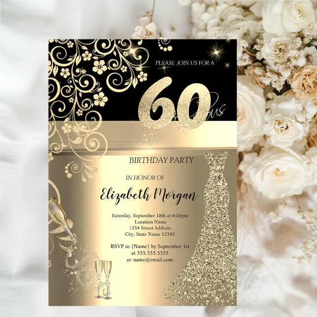 Gold Sequins Dress Glass Flowers 60th Birthday   Invitation (Creator Uploaded)