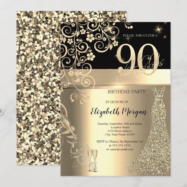 Gold Sequins Dress Glass Flowers 90th Birthday   Invitation (Front/Back)