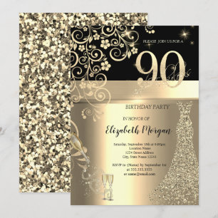 Gold Sequins Dress Glass Flowers 90th Birthday   Invitation
