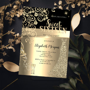 Gold Sequins Dress Glass Flowers Sweet 16 Birthday Invitation