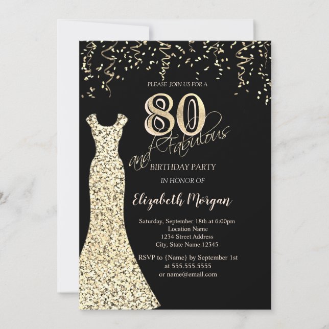 Gold Sequins Dress Glitter Border 80th Birthday  Invitation (Front)