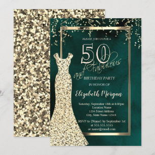 Gold Sequins Dress Green 50th Birthday Invitation