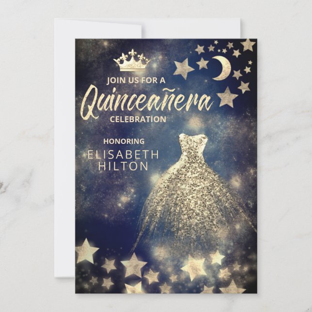 Gold Sequins dress moon stars Quinceañera blue Invitation (Front)