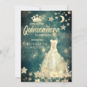 Gold Sequins dress moon stars Quinceañera green Invitation