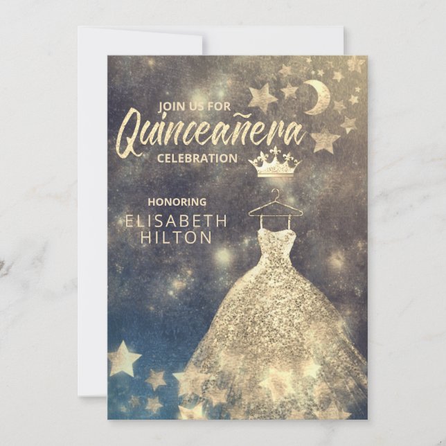 Gold Sequins dress moon stars Quinceañera Invitati Invitation (Front)
