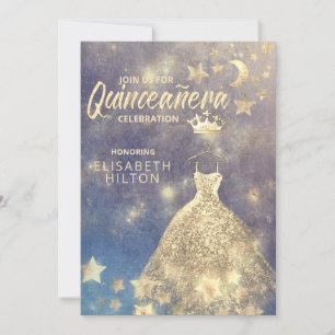 Gold Sequins dress moon stars Quinceañera Invitati Invitation