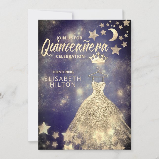 Gold Sequins dress moon stars Quinceañera  Invitation (Front)