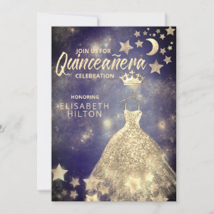 Gold Sequins dress moon stars Quinceañera  Invitation