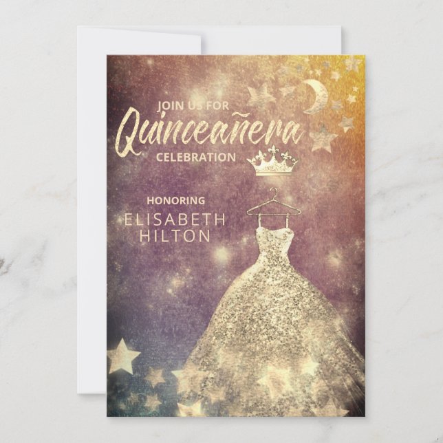 Gold Sequins dress moon stars Quinceañera  Invitation (Front)