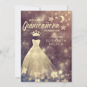 Gold Sequins dress moon stars Quinceañera Invitation