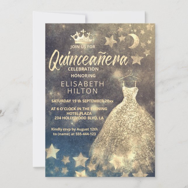 Gold Sequins dress moon stars Quinceañera  Invitation (Front)