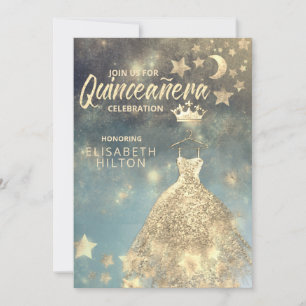 Gold Sequins dress moon stars Quinceañera  Invitation