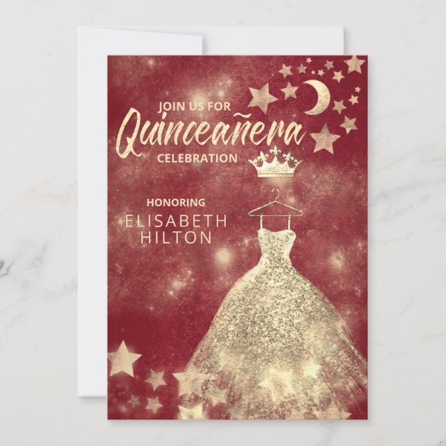 Gold Sequins dress moon stars Quinceañera red Invitation (Front)