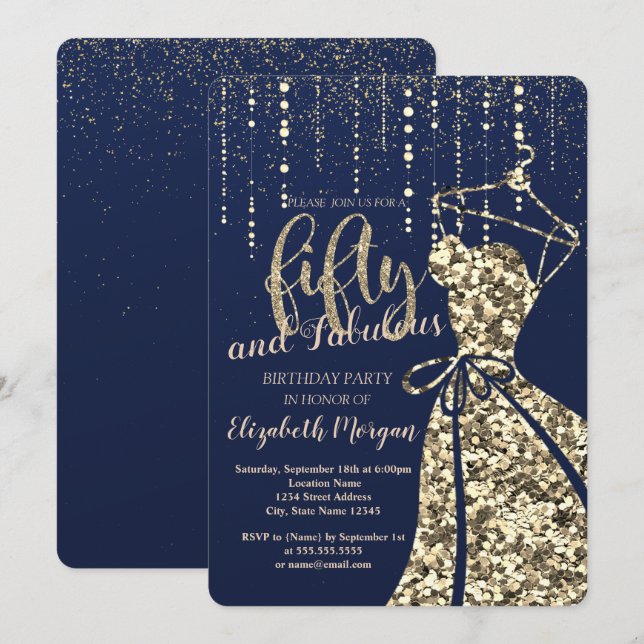 Gold Sequins Dress Navy Blue 50th Birthday Party  Invitation (Front/Back)