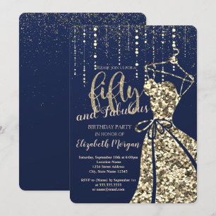 Gold Sequins Dress Navy Blue 50th Birthday Party  Invitation